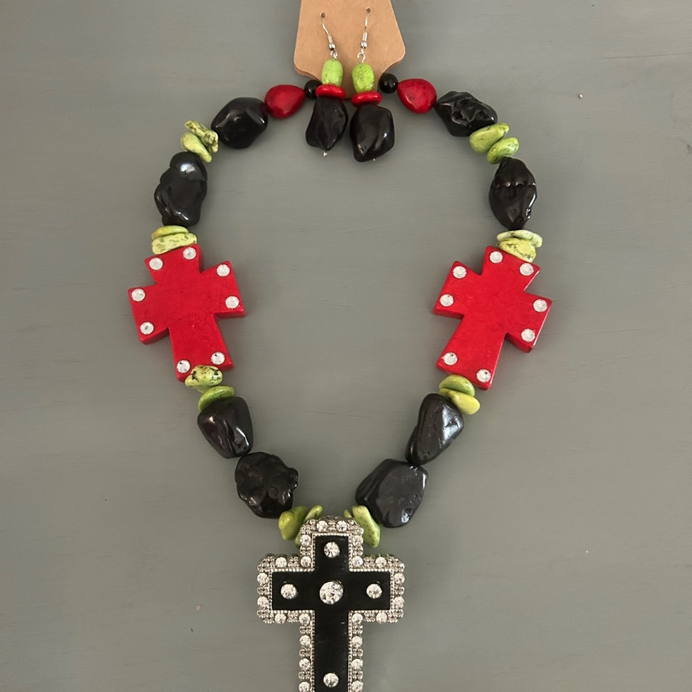 Statement Cross Necklace with Red and Black Beads